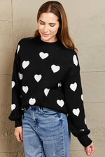 Heart Pattern Lantern Sleeve Round Neck Tunic Sweater