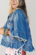 Ruffle Hem Raw Edge Half Sleeve Western Denim Jacket