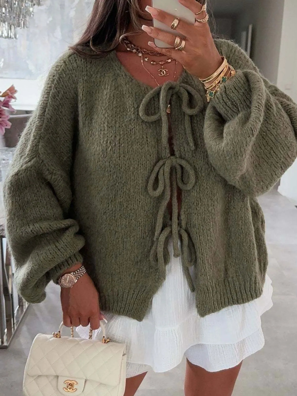 Cozy Bow-Tie Front Knit Cardigan