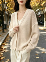 V-Neck Open-Knit Button-Down Cardigan
