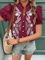 Embroidered Frill Notched Short Sleeve Blouse