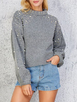 Pearl-Embellished Mock Neck Sweater