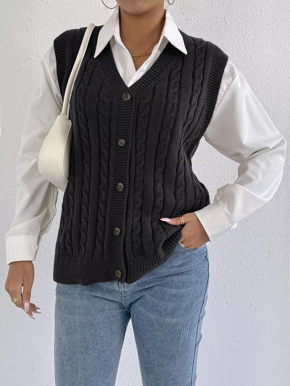 Cable-Knit Button-Up Sweater Vest