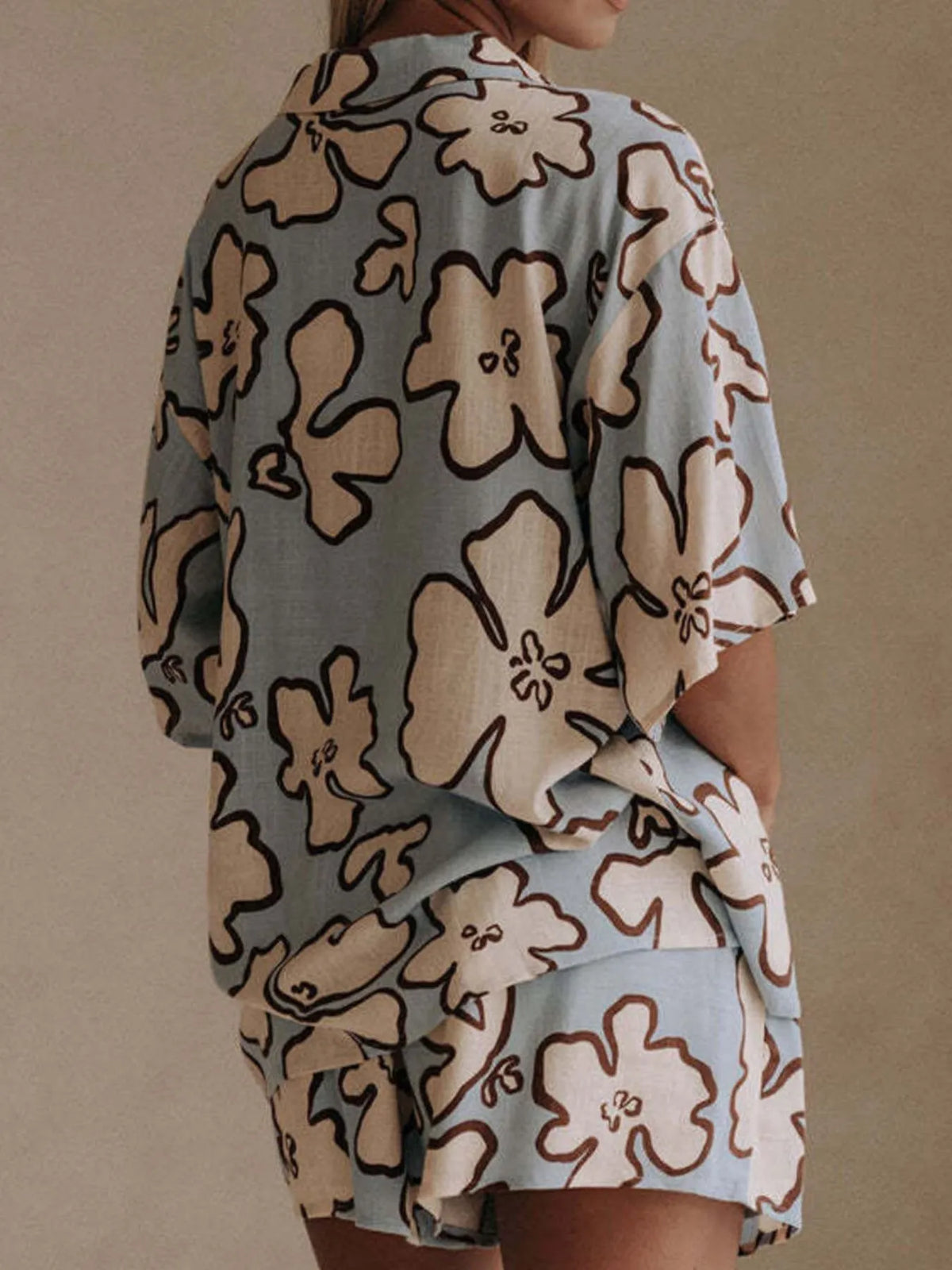 Printed Button Up Shirt and Shorts Set