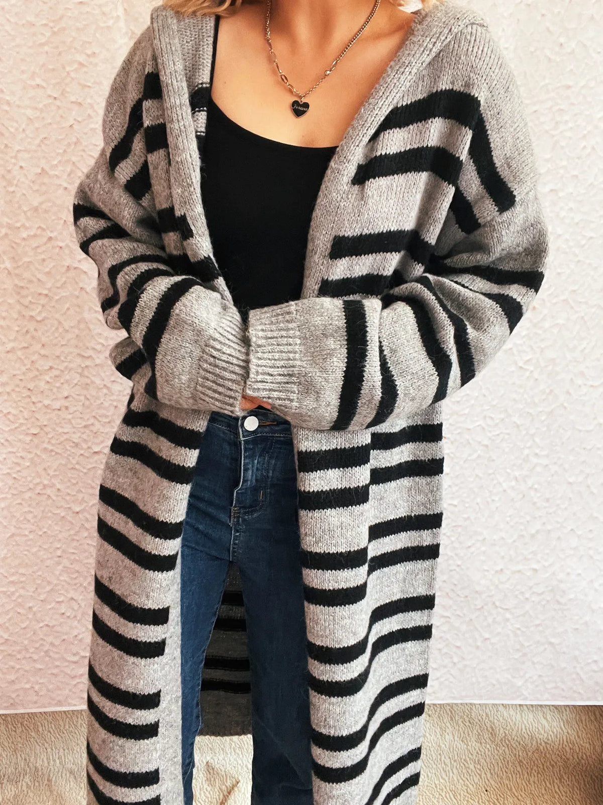 Striped Open Front Hooded Cardigan