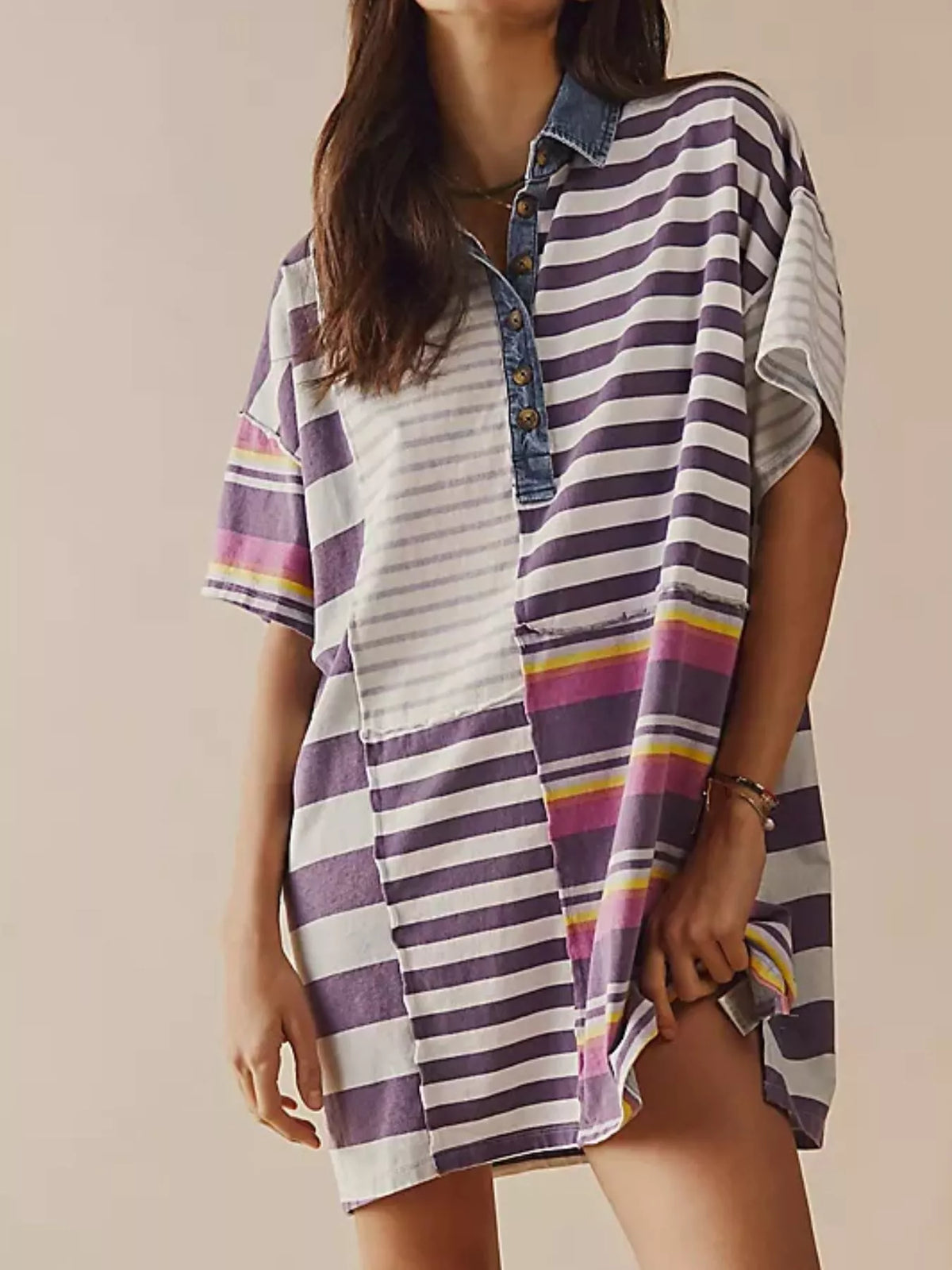 Striped Oversized Half Button Shirt Dress