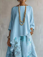 Asymmetrical Hem Top and Floral Pants Set