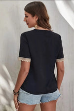 Full Size Lace Detail V-Neck Short Sleeve Blouse Plus Size
