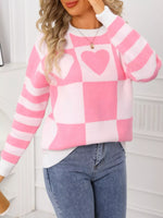 Heart Pattern Checkerboard Knit Sweater