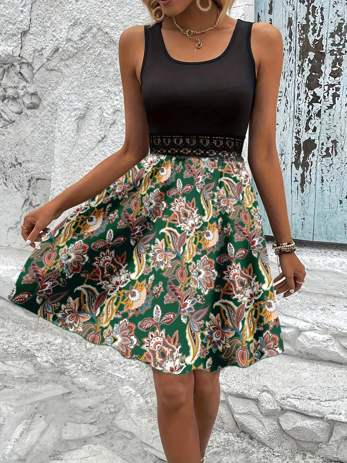 Printed A-Line Tank Dress with Lace Waist Detail