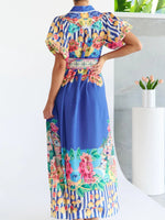 Printed Button Front Puff Sleeve Maxi Dress