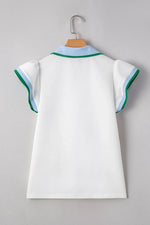 Contrast Ruffled Sleeve Collared V Neck Blouse