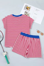 Stripe Colorblock Trim V Neck Tee Drawstring Elastic Waist Shorts Set
