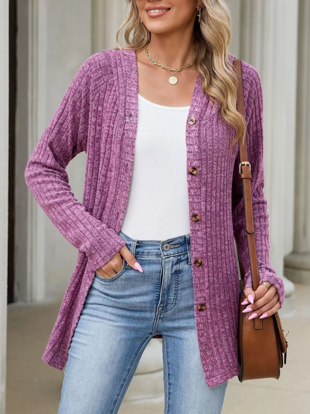 Ribbed Knit Hooded Button-Down Cardigan