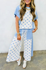 Color Block Patchwork Polka Dot Wide Leg Pant Set