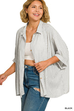 Zenana Full Size Woven Stripe Button Down Boxy Shirt Plus Size