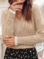 Pearl Beaded Pointelle Knit V Neck Lace Patchwork Sleeve Sweater
