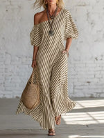 Full Size Striped One-Shoulder Casual Maxi Dress Plus Size