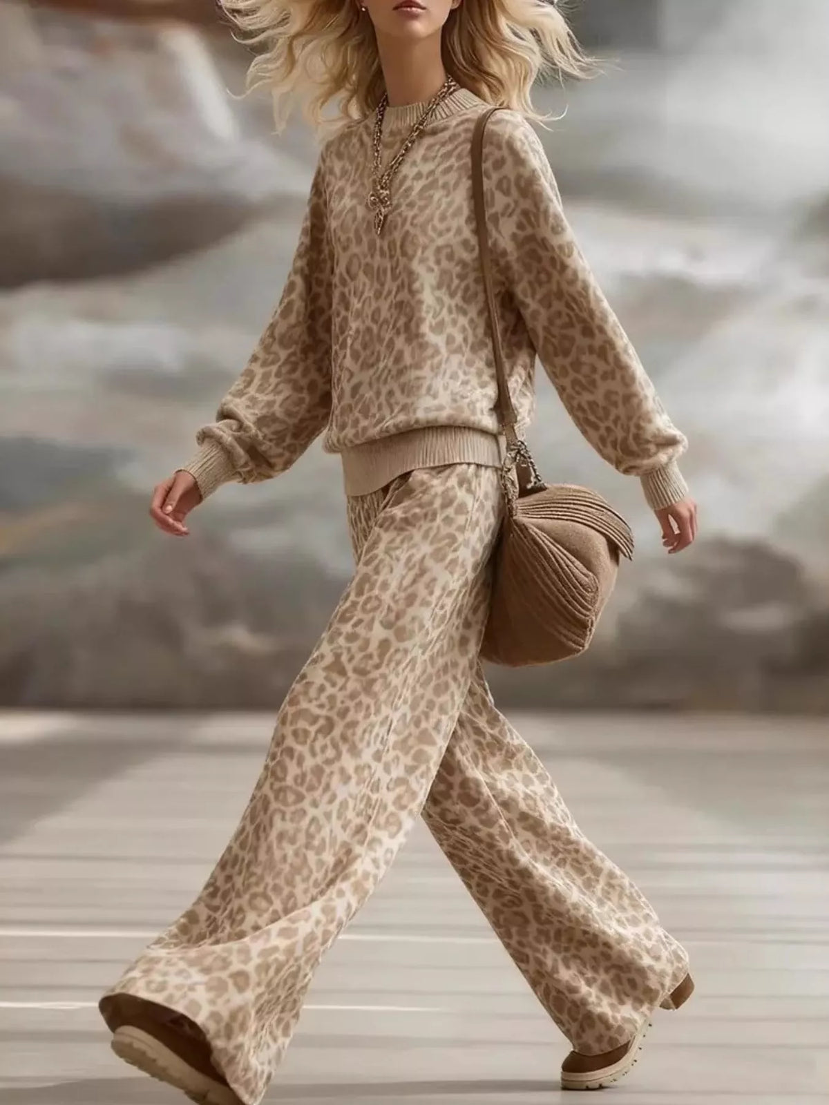 Leopard Dropped Shoulder Top and Pants Set