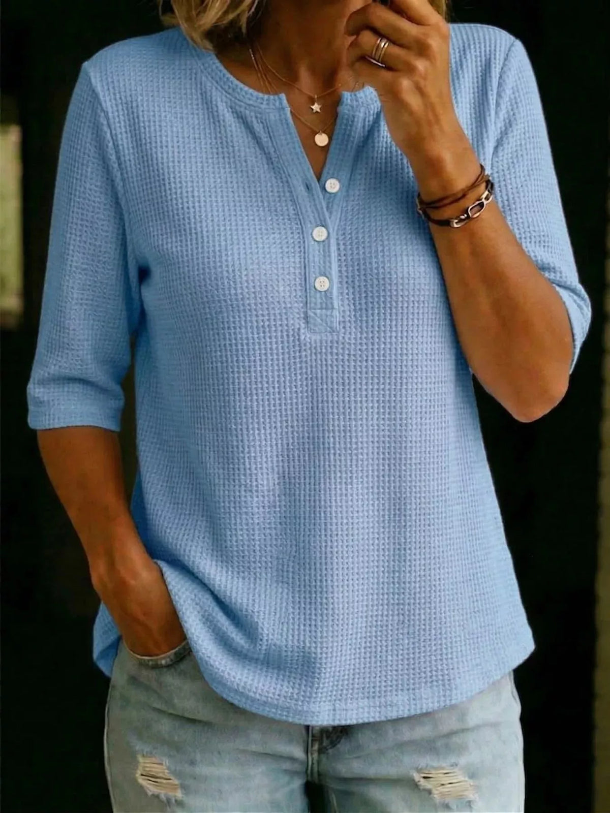 Full Size Waffle Knit Henley T-Shirt Plus Size