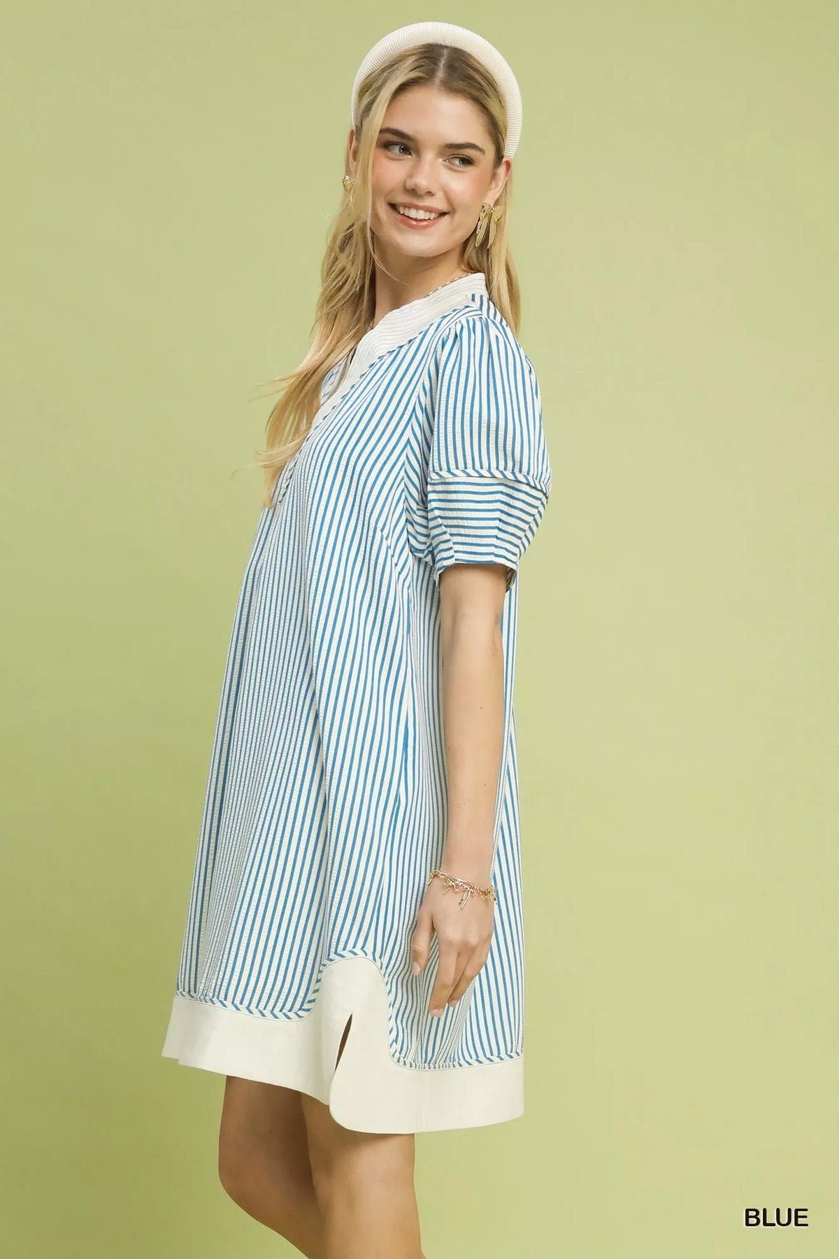 Umgee Pinstripe Shift Dress with Contrast Trim