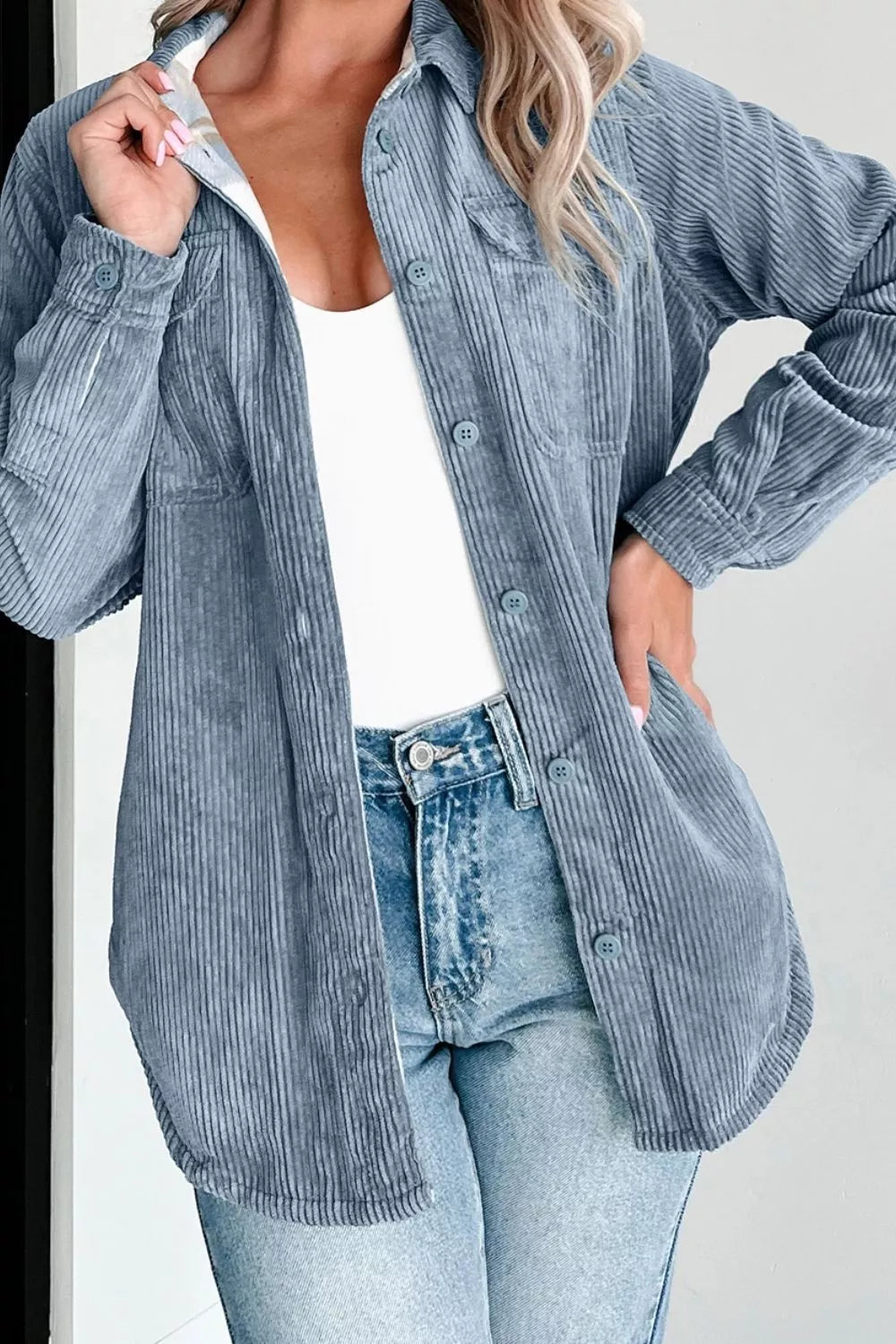 Corduroy Plaid Button-Up Shacket