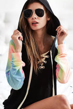 BiBi French Terry Lace Up Hoodie With Tie Dye Sleeves