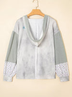 Floral Patched Waffle Textured V Neck Casual Hooded Top