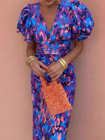 Full Size V-Neck Puff Sleeve Midi Dress Plus Size