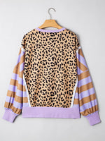 Stripe Color Block Patchwork Leopard Casual Sweatshirt with Slits