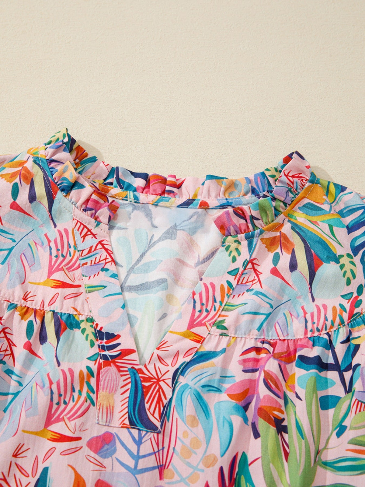Tropical Floral Print Frilly Notched Neck Ruffled Short Sleeve Blouse