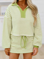 Collared Neck Striped Top and Drawstring Skirt Set