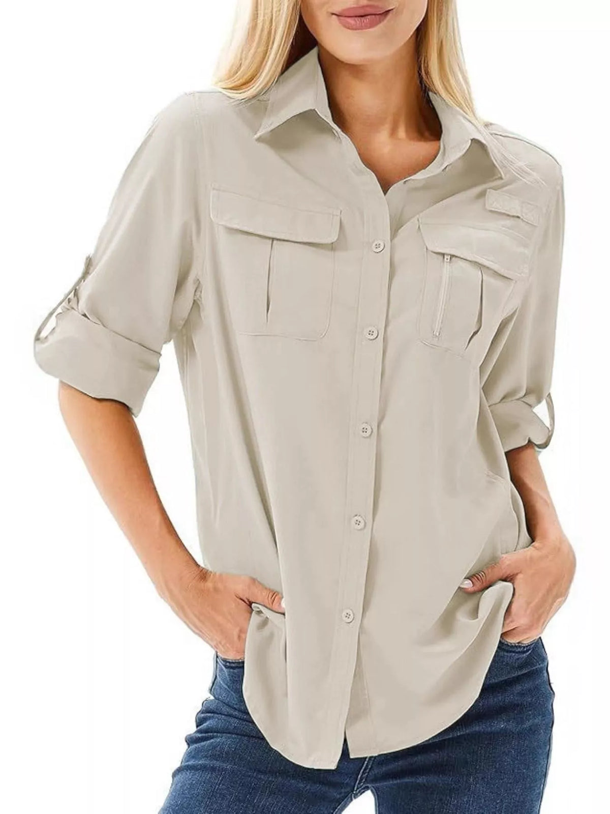 Full Size Roll-Up Sleeve Button Up Shirt Plus Size