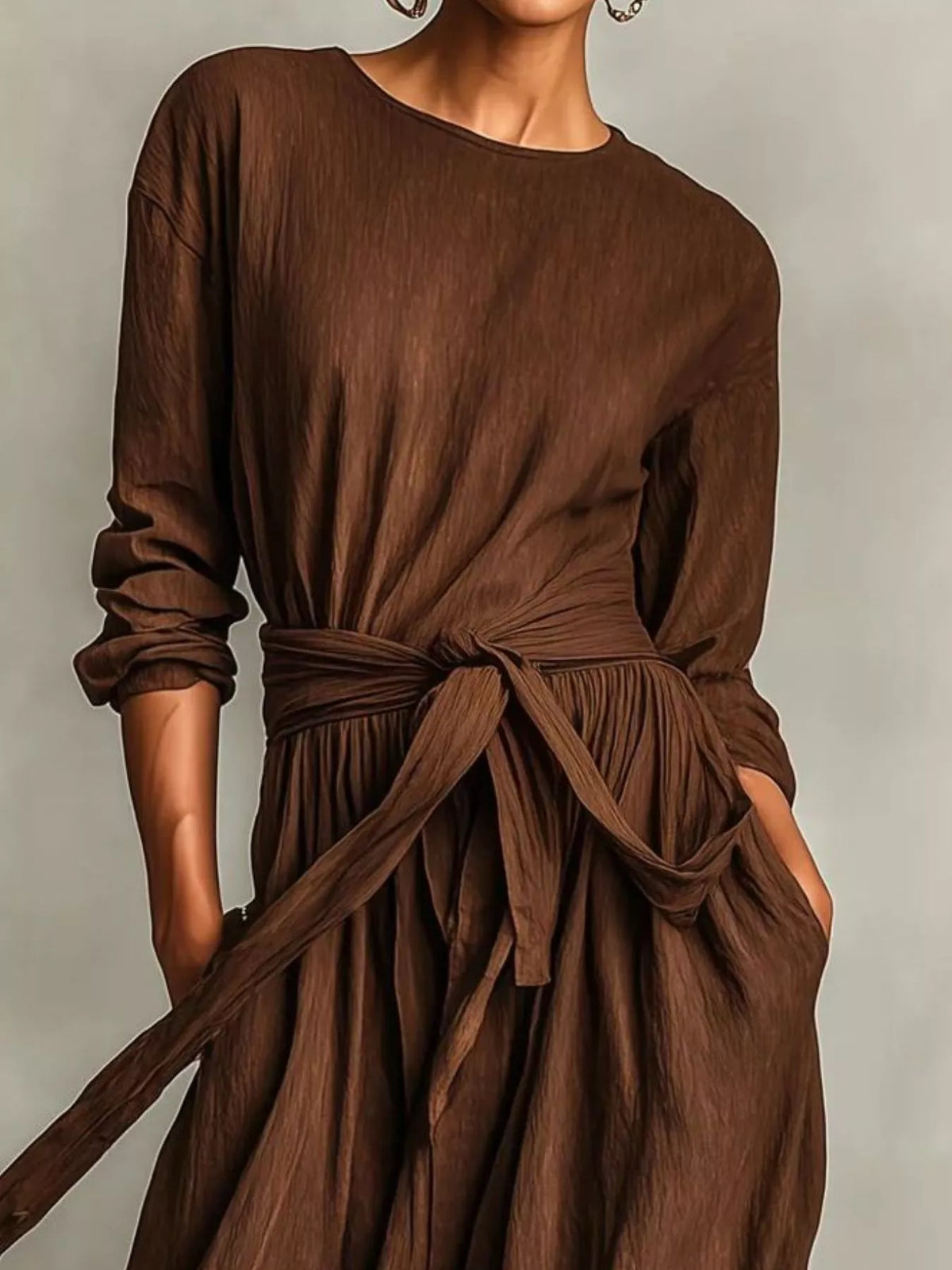 Full Size Long Sleeve Tie Waist Maxi Dress Plus Size