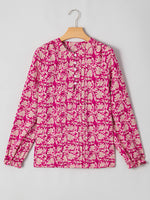 Floral Print Split Neck Pleated Long Sleeve Blouse