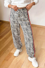 Leopard Print Rainbow Striped Detail Buttoned Loose Jogger Jeans