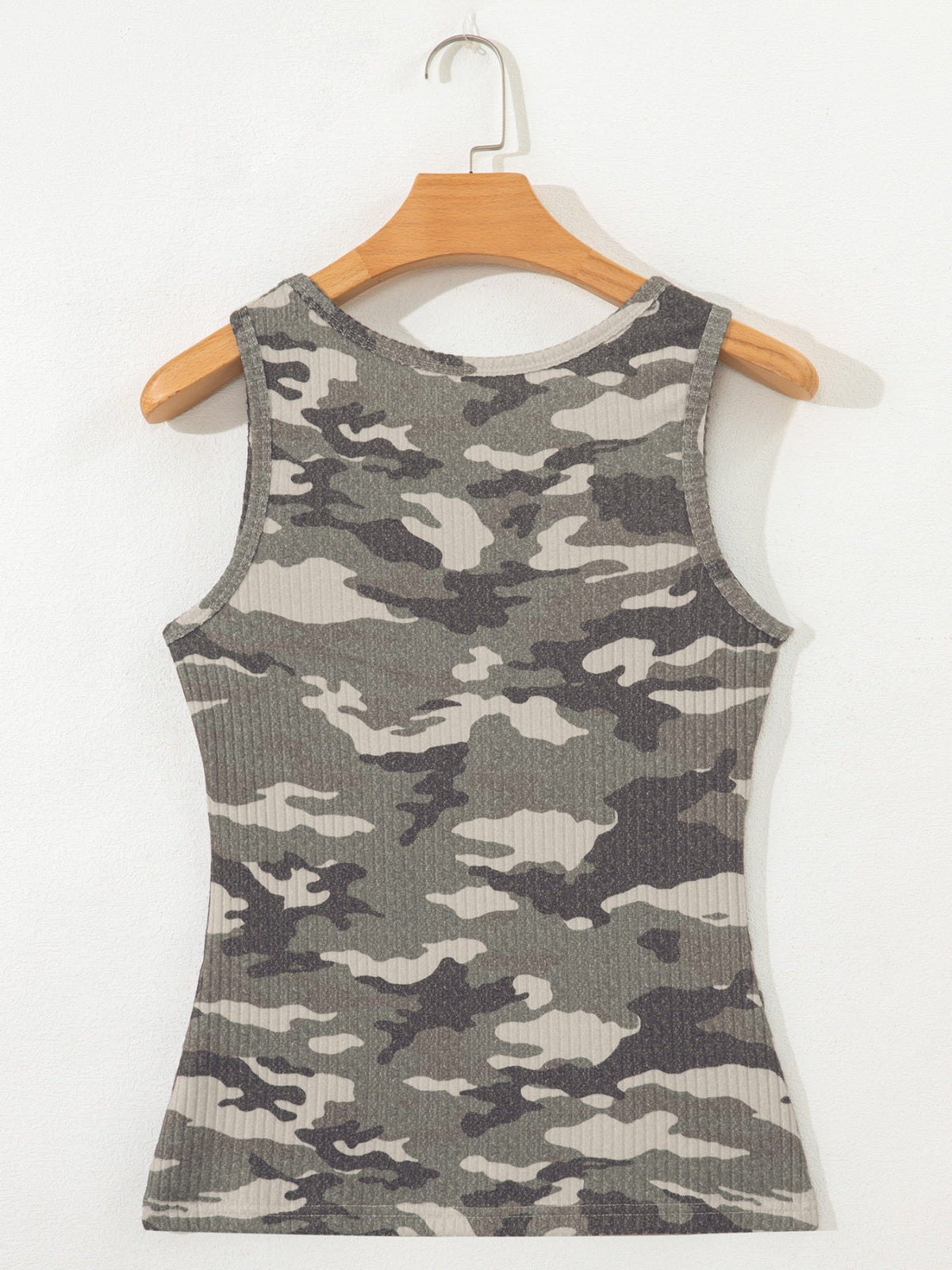Camouflage Print Ribbed Knit Round Neck Tank Top
