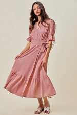 SO ME Stripe Textured Short Sleeves Lined Wrap Midi Dres
