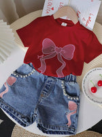 Children's Bowknot T-shirt and Denim Shorts Set