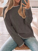 Slit Contrast Trim Round Neck Sweater