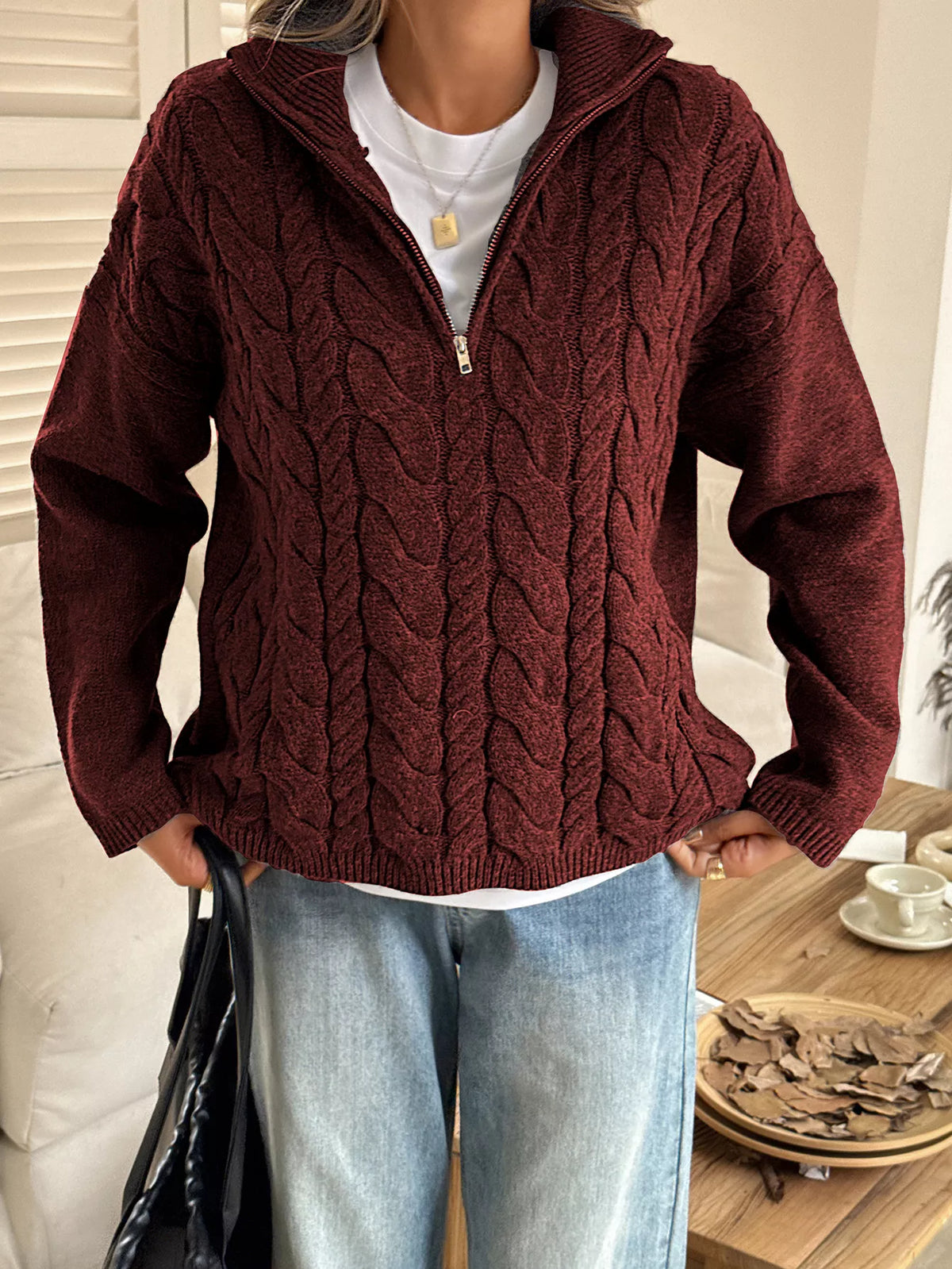 Zip Collar Cable-Knit Sweater