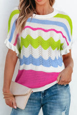 Color Block Crochet Ruffled Short Sleeve Knit Top