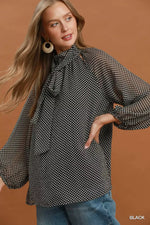Umgee Dot Print Tie Neck Long Sleeve Blouse