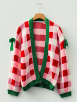 Checkered Bow-Tie Sleeve Knit Christmas Cardigan