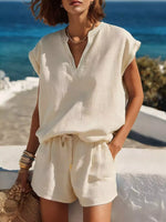 Full Size Notched Cap Sleeve Top and Shorts Set Plus Size
