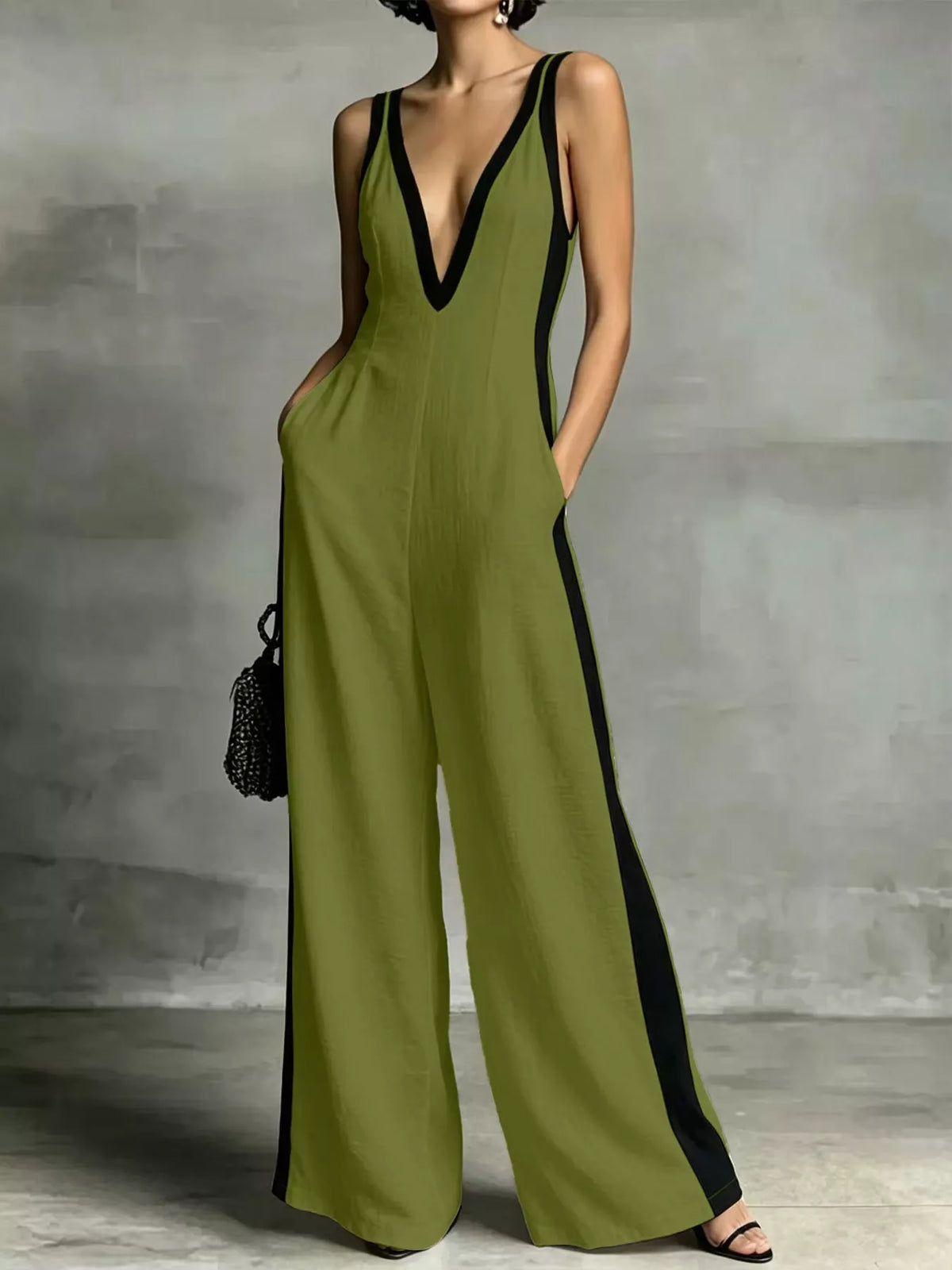 Deep V-Neck Wide-Leg Jumpsuit with Contrast Trim