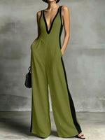 Deep V-Neck Wide-Leg Jumpsuit with Contrast Trim