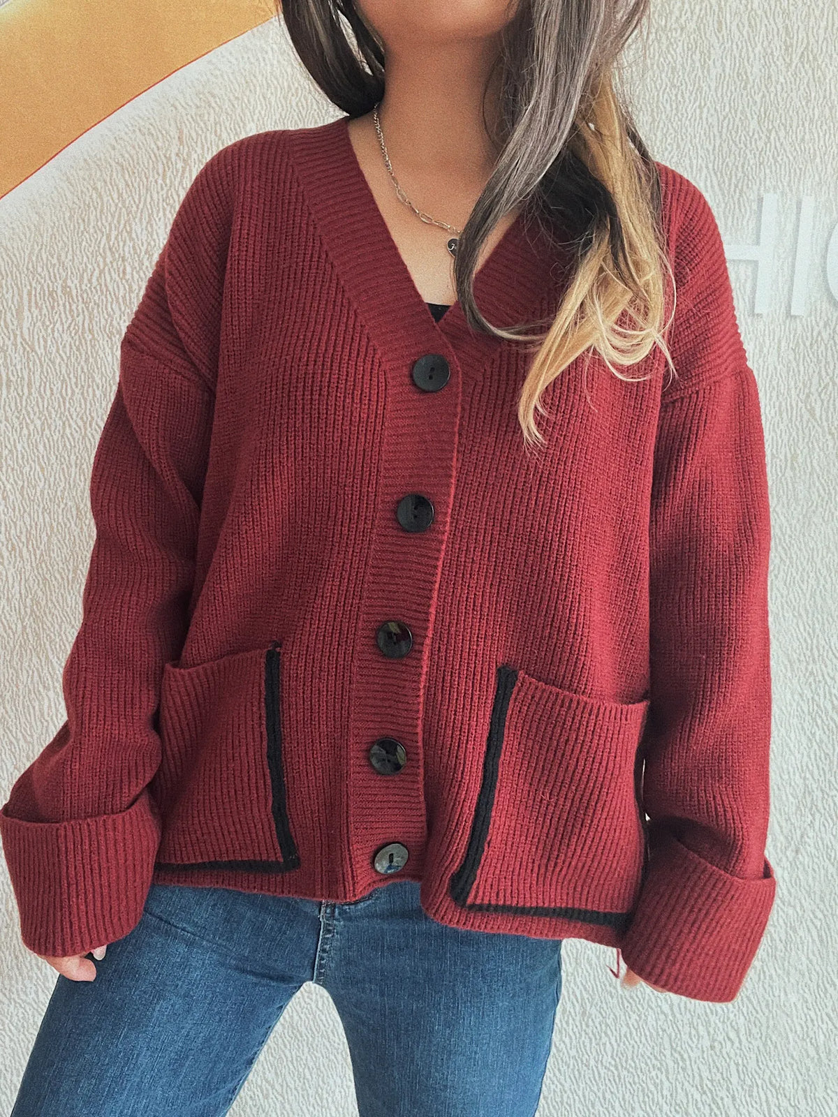 Button-Front Ribbed Cardigan with V-Neck