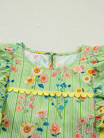 Stripe Floral Printed Scalloped Detail Ruffle Short Sleeve Blouse