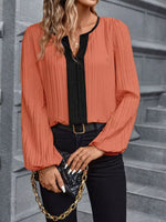 Textured Notched Long Sleeve Blouse